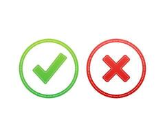 Tick and cross signs. Green checkmark OK and red X icon. Symbols YES and NO button for vote. Vector stock illustration.