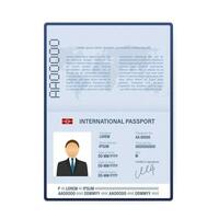 Blank open passport template. International passport with sample personal data page. Vector stock illustration