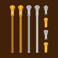 zippers type set fastener. Metallic closed and open zippers and pullers. Vector stock illustration.