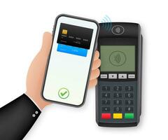 sin contacto pago métodos móvil inteligente teléfono y inalámbrico pos terminal realista estilo. vector valores ilustración.