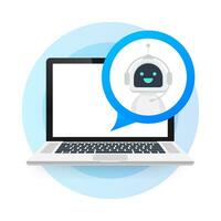 Chat Bot Using Laptop Computer, Robot Virtual Assistance Of Website Or Mobile Applications. Voice support service bot. Online support bot. Vector stock illustration.