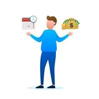 Man choosing between two options Time and money. Vector stock illustration.