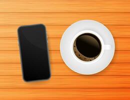 Smartphone with cup of strong coffee on wooden background. Vector stock illustration