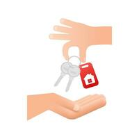 Just sold keys handing over hand on white background. Vector stock illustration