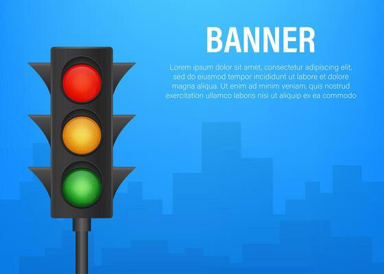 Traffic lights banner on blue background. Vector stock illustration