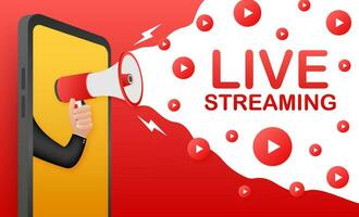 Live streaming, megaphone no smartphone screen. Can be used for business concept. Advertising. Web video player. Vector stock illustration