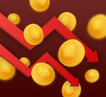 Money loss. Cash with down arrow stocks graph, concept of financial crisis, market fall, bankruptcy. Vector stock illustration.