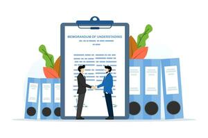 concept of legal document memorandum of understanding with stamp, businessman handshake on contract paper after agreement. establish business cooperation. employment agreement. cooperation signature. vector