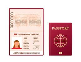 Blank open passport template. International passport with sample personal data page. Vector stock illustration