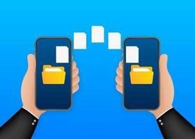 Data image file transfer between device smartphone. File transfer copy files data sheet exchange concept. Vector stock illustration