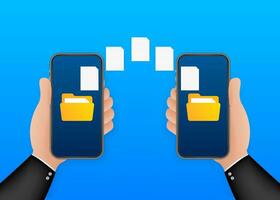 Data image file transfer between device smartphone. File transfer copy files data sheet exchange concept. Vector stock illustration