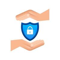 Cyber security vector logo with shield and check mark. Hands holding cyber secure sign. Internet security. Vector illustration
