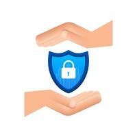 Cyber security vector logo with shield and check mark. Hands holding cyber secure sign. Internet security. Vector illustration