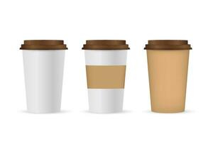 Close up take out coffee with brown cap and cup holder. Isolated on white background. Vector Illustration.