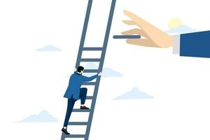 business growth success and teamwork, helping hand and career development, Big hands help businessman build ladder, business growth. Successful business people working together. vector illustration.