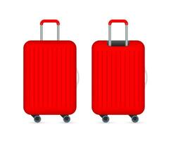 Red travel plastic suitcase with wheels realistic on white background. Vector stock illustration.
