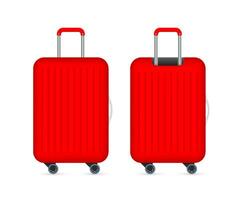 Red travel plastic suitcase with wheels realistic on white background. Vector stock illustration.