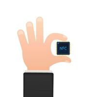 NFC processor icon with hands. NFC chip. Near field communication. Vector stock illustration