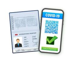 Vaccination digital certificate on smartphone. Phone screen with qr code and pass check mark vaccinated. Health passport. Vector stock illustration