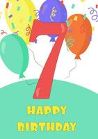Birthday card with number 7 in cartoon style vector