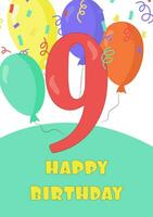 Birthday card with number 9 in cartoon style vector