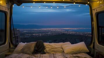 Night city scene seen by camper inside the camper van. photo