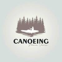 kayak in the forest logo, illustration design of a man rafting on a lake, canoe icon vector