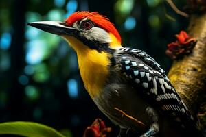 Warmcolored Woodpecker perched on a branch on a damp Rainforest. AI Generated photo