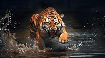 Roaring tiger crossing the stream. AI generated photo