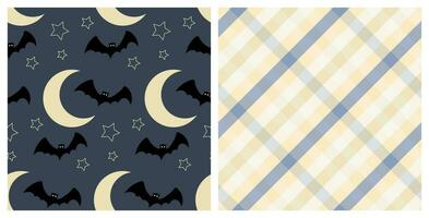 Seamless patterns set of Halloween bats flying around the moon and stars, and tartan background. Hand drawn background for Halloween party decoration, scrapbooking, greeting cards design, wall paper. vector