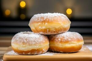 Sweet donuts with powdered sugar on wooden table in the kitchen. AI Generated photo