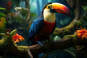 Beautiful colorful tropical toucan from the rainforest with its iconic yellow orange beak sitting down. AI Generated photo