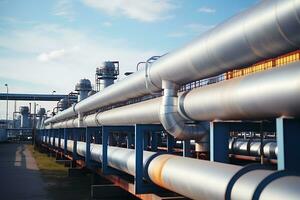 Industrial pipes insulated around the factory. On A Sunny day. AI Generated photo