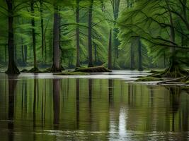 beautiful landscape with river and forest, flood photo