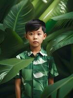 cute little asian boy wearing a tropical jungle shirt photo