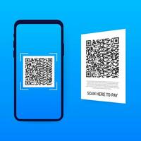 escanear a pagar. teléfono inteligente a escanear qr código en papel para detalle, tecnología y negocio concepto. vector ilustración.