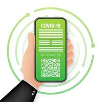 Vaccination digital certificate on smartphone. Phone screen with qr code and pass check mark vaccinated. Health passport. Vector stock illustration