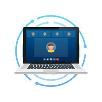 Incoming video call on laptop. Laptop with incoming call, man profile picture and accept decline buttons. Vector stock illustration