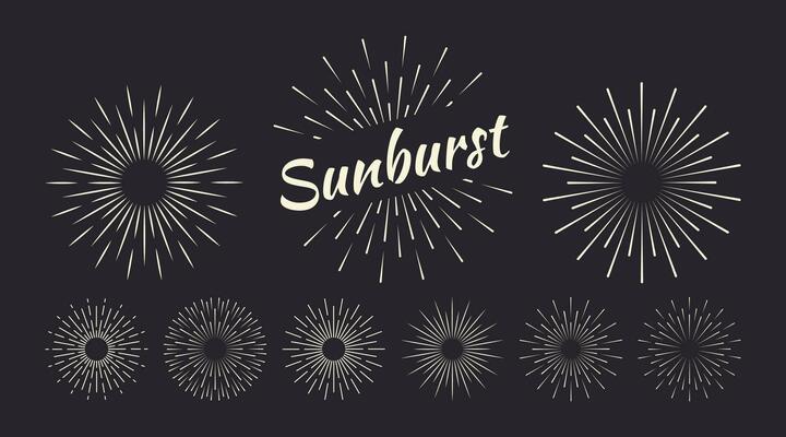 Sunburst set gold style isolated on background for logotype, emblem, logo, tag. Firework explosion, star. Vector stock illustration