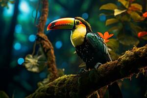 Beautiful colorful tropical toucan from the rainforest with its iconic yellow orange beak sitting down. AI Generated photo