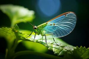 Detailed closeup on a delicate transparent lacewings on top of vibrant leaf. AI Generated photo