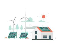 Renewable energy from solar panels and wind turbines. Flat style vector illustration for sustainability and environmental friendly practices conceptual design.