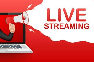 Live streaming, megaphone no laptop screen. Can be used for business concept. Vector stock illustration