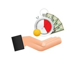 Timer and money in hands. Clock and bag, time is money, fast loan, payment period, savings account. Vector stock illustration