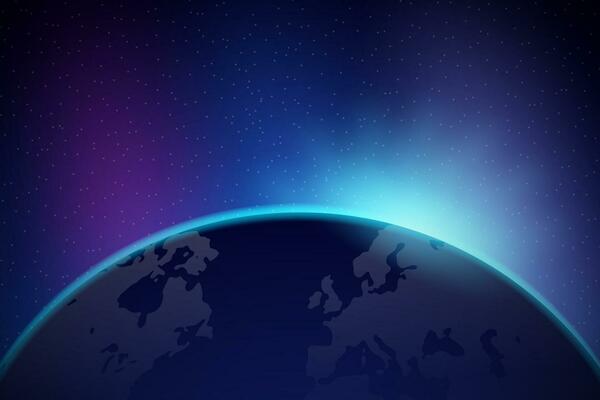 Dawn from space. Dawn from space. Rising sun behind the earth. Vector stock illustration