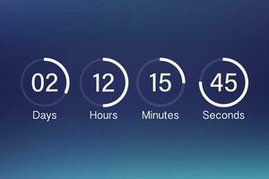 vector cuenta regresiva reloj mostrador Temporizador. ui aplicación digital contar abajo circulo tablero metro con circulo hora tarta diagrama. marcador de día, hora, minutos y segundos para web página viniendo pronto evento modelo