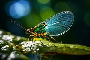 Detailed closeup on a delicate transparent lacewings on top of vibrant leaf. AI Generated photo