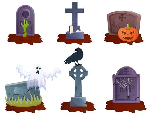 Illustration with graves and different halloween decoration elements