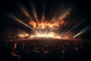 grupo de personas a un concierto multitud. con fiesta luces y fumar. ai generado foto