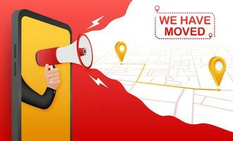 We have moved. Moving office sign. Clipart image isolated on red background. Vector stock illustration